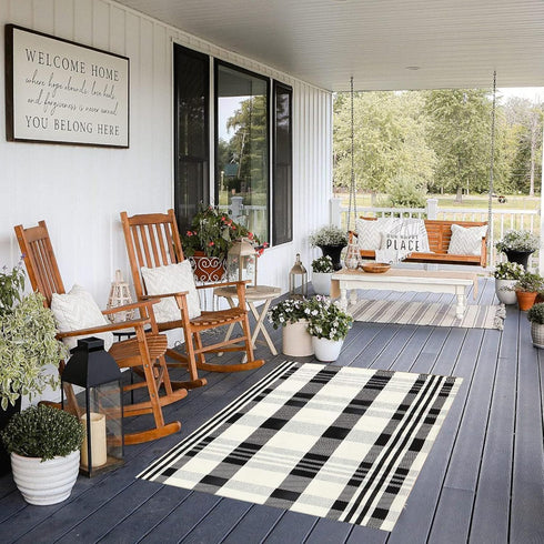 CAINANEL Buffalo Plaid Outdoor Rug, Black and White Hand-Woven Checkered 27.5 x 43 Inches Welcome Mat
