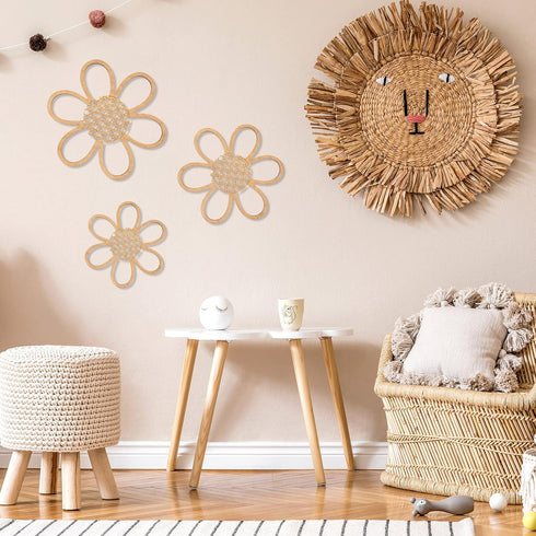 Maitys Set 3, Boho Wall Decor of Wood & Rattan Daisy Flower Wall Hanging Art, Boho Nursery Decor for Bedroom Living