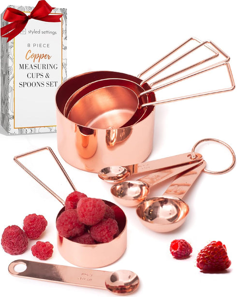 Copper Measuring Cups and Spoons Set – 8-Piece Stackable Stainless Steel Utensils, Stylish Rose Gold Kitchen