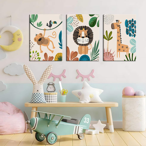 Set 3 12x16in AKWISH Safari Jungle Nursery Wall Decor of - Framed Animal Canvas Wall Art for Baby Room, Toddler Boy