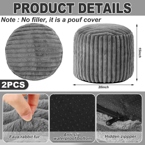 2 20 15 Inch Teenyyou Pcs x Unstuffed Pouf Cover Ottoman Foot Rest - No Filler, Faux Rabbit Fur Foot Stool Floor Bean