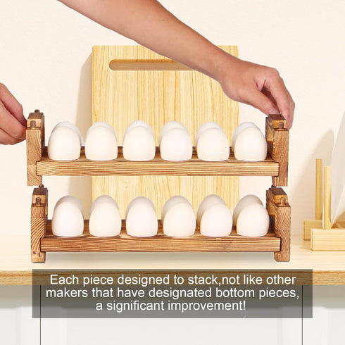 CVHOMEDECO. Wooden Egg Holder, Fresh Egg Collecting Rack for Countertop, Stackable with 24 Eggs, Home Kitchen