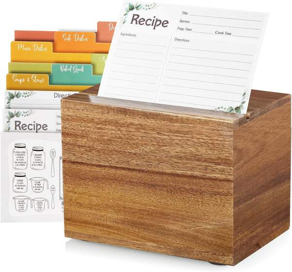 Recipe Card Box, Acacia Recipe Holder 4x6, Organizer with 50 Cards and 6 Dividers for Kitchen Countertop