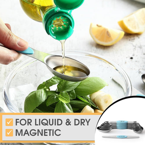 Spring Chef Stainless Steel Magnetic Measuring Spoons Set of 8, Nesting Metal Teaspoon & Tablespoon, Fits in Spice Jars