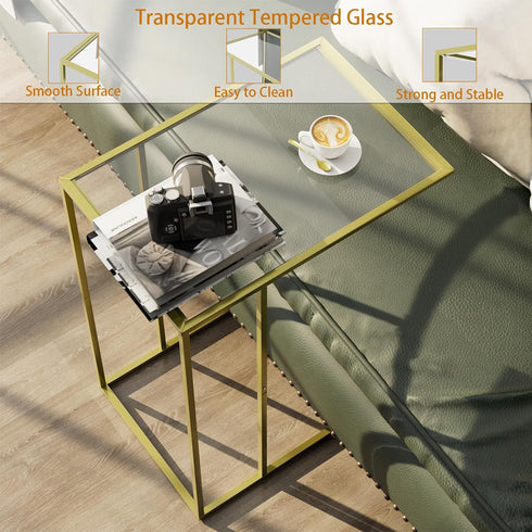 Adompacat C-Shaped End Table, Side Table for Couch,Sofa Snack Table with Tempered Glass & Metal Frame,Small TV Tray