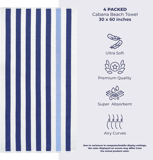 30x60 inch 4 American Soft Linen Cabana Striped Beach Towels, Piece Oversize Pool Towels, Quick Drying Sand Free Swim