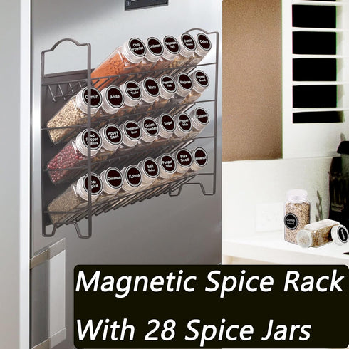 SWOMMOLY 28 396 Set Countertop,12.9" 12.4" Magnetic Spice Rack Organizer with Glass Spice Jars, Spice Labels with Chalk