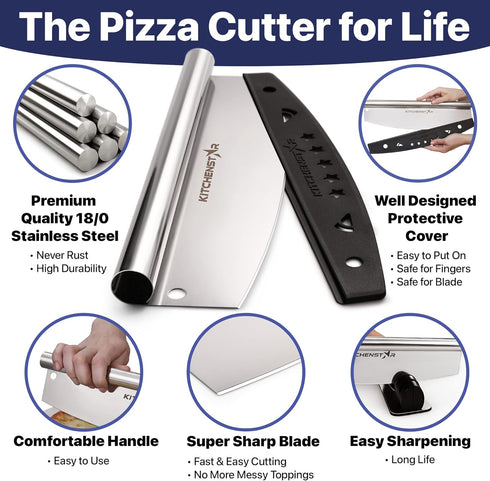 KitchenStar 12-Inch Pizza Cutter Rocker Blade - Sharp Stainless Steel Slicer Knife, Protective Cover, Dishwasher Safe,
