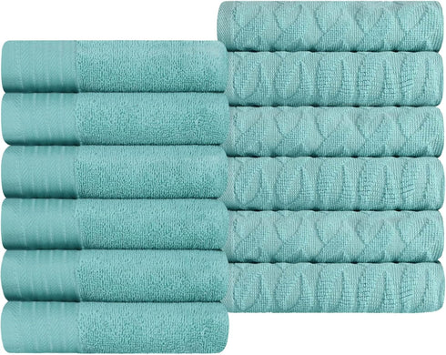 Superior Turkish Cotton Jacquard Solid 12-Piece Washcloth/Face Towel Set, Quick Dry Decorative Towels for Home