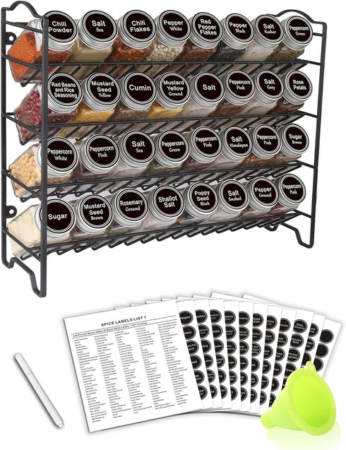 SWOMMOLY Spice Rack Organizer with 32 Glass Spice Jars, 396 Spice Labels,