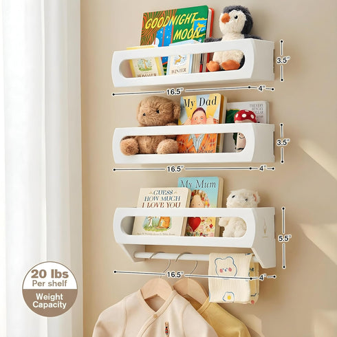 Homewisp Set 3 16.5 Inches) Nursery Shelves for Wall, Premium Bamboo Wood, Fully Assembled - Nursery Book Shelves, Book