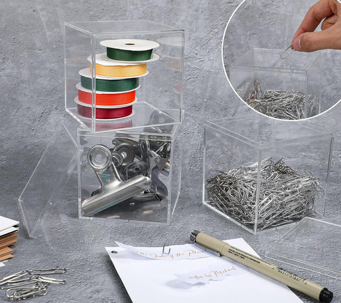 Kamehame Acrylic Boxes for Display, 3 Pack Clear Plastic Square Cube, 3.3x3.3x3.3Inch Small Storage Boxes with Lid