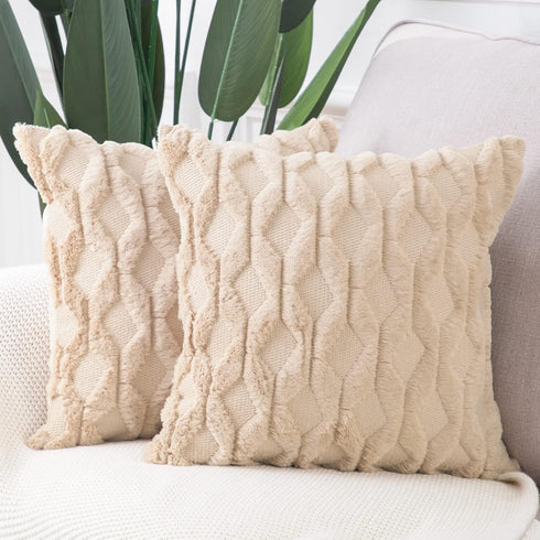 MADIZZ Set of 2 Soft Plush Short Wool Velvet Decorative Throw Pillow Covers 16x16 inch, Khaki Square Luxury Style
