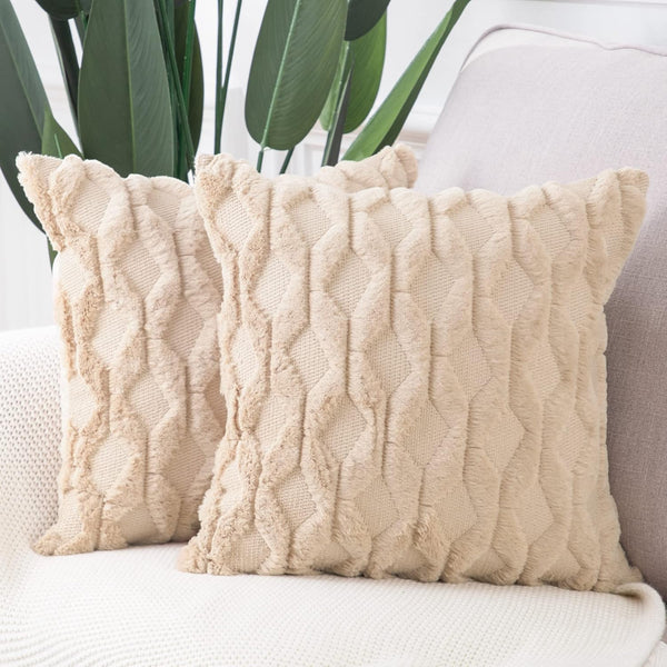MADIZZ Set of 2 Soft Plush Short Wool Velvet Decorative Throw Pillow Covers 16x16 inch, Khaki Square Luxury Style