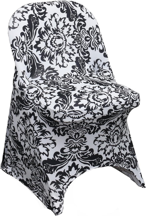YOUR CHAIR COVERS - Black and White Damask Spandex Folding Chair Cover