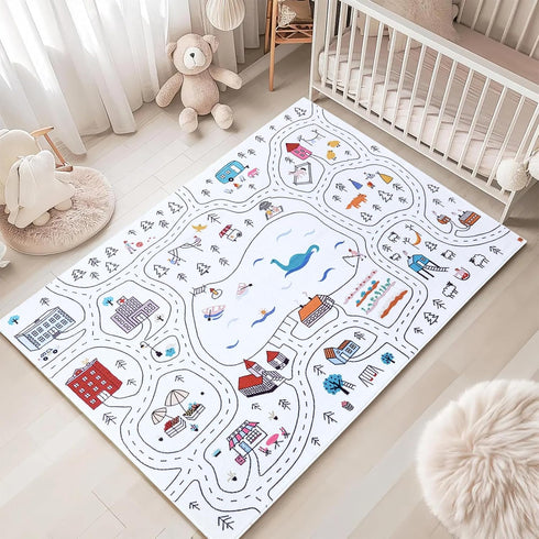 Estmy 4x6 Washable City Road Map Kids Play Rugs Non Slip, Cute Whimsical Nursery Rugs for Girls Boys Bedroom, Thin Pile