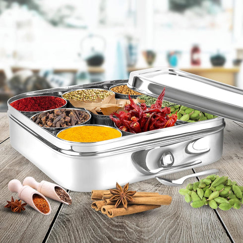 9 Set KSJONE Indian Spice Tin Stainless Steel Masala Dabba LARGE Curry Cooking Spice Tiffin Tin Box Kitchen Masala