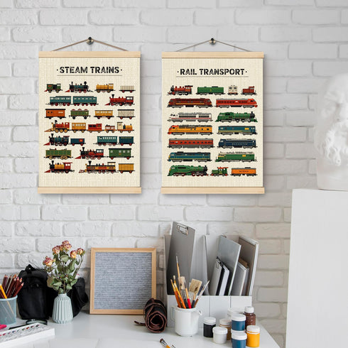 HKTZM 16x24 Inch,Vintage Nursery,Set 2 Steam Trains Wooden Poster Hanger Frame Train Locomotives Hanger Poster,Rail