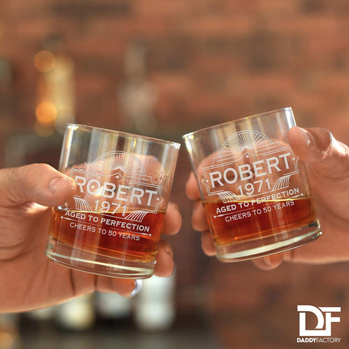 DaddyFactory Personalized Whiskey Glass for Men, Customized Engraved Monogram Rocks Cocktail Glass, 10.25 oz