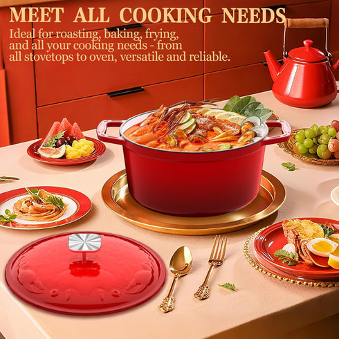 5 Enameled Cast Iron Dutch Oven - Quart, Exclusive Designed Crab Lid, Oversized Knob, for Bread Baking Braiser Cooking