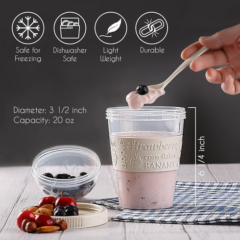 4 Pack 20 oz Set Crystalia On The Go Yogurt Parfait Cups with Lids & Spoons, BPA FREE Reusable Yogurt Containers, Take