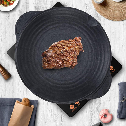 Korean BBQ Grill, Cast Iron Round Non Stick Grill Plate for Induction Cooktop and Stove