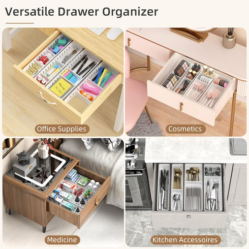 Desk Drawer Organizer Tray, 4 PCS Plastic Office Organizer Set with Non-Slip Silicone Pads, White