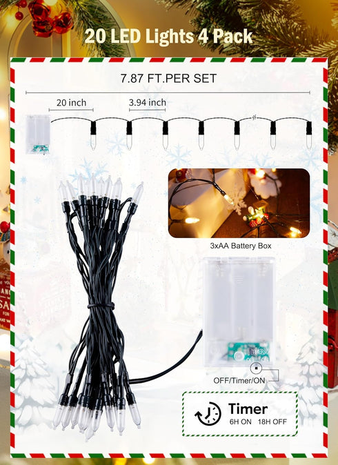 8ft 20 White4 Pack Battery Operated Christmas String Lights, LED Mini Lights with Timer, Christmas Tree Lights