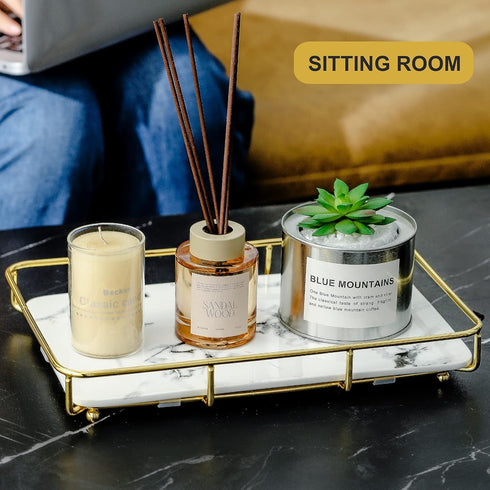 Makeup Organizer Vanity Tray, Stainless Steel Shelf for Bathroom Skincare Display Rack, Marble Print Ceramic Trays