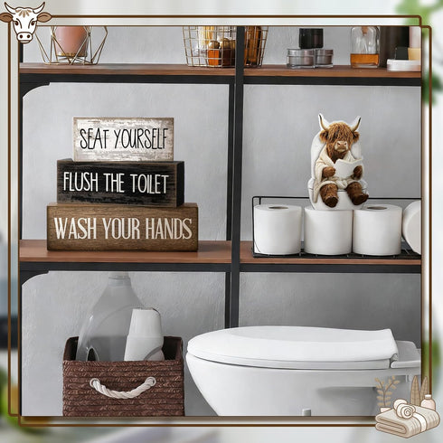 Moucuny 4 Set Pcs Highland Cow Bathroom Decor Funny Rustic Wooden Tiered Tray Signs with Highland Cow Toilet Figurine