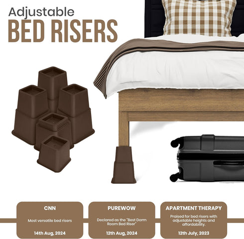 Utopia Bedding Adjustable Bed Furniture Risers - Elevation Heights 3, 5 or 8 Inch Heavy Duty Risers (Set of 8, Brown)