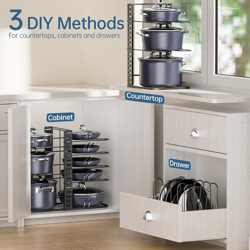 ORDORA Adjustable 8-Tier Pots and Pans Organizer: Under Cabinet Kitchen Storage for 6-11 inch Lightweight Cookware