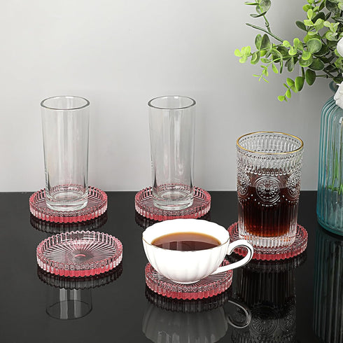 JUXYES 8 Pack Clear Pink Crystal Coasters Round Cup Mat, Glass Coasters for Drinks Coffee Tea Wine, Decorative Wine