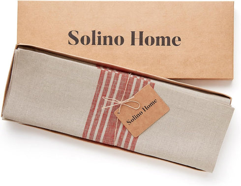 Solino Home Striped Linen Placemats, Set of 4 - 100% Pure Linen Red and Natural Place Mats 14 x 19 Inch for Summer