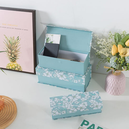 Blue Botanical Decorative Storage Boxes with Lids, Set of 3 White Floral Memory Keepsake Boxes for Organizing