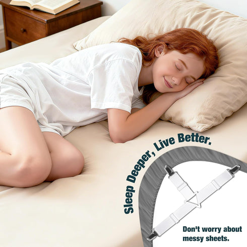 4 Pack Adjustable Elastic Straps with Metal Clips, Bed Sheet Fasteners in Assorted Four Sizes, Bedding Suspenders