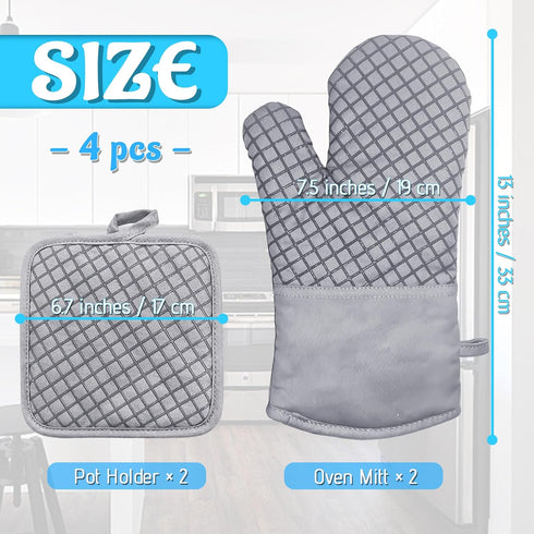 4 Pcs Oven Mitts and Pot Holders,High Heat Resistant 500 Degree Glove with Silicone Non-Slip Surface,Extra Thicken Long Kitchen Cotton Oven Glove for Baking,Cooking,Grilling(Light Gray) by Pynqdfu