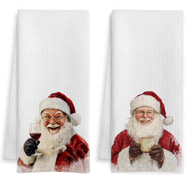 WOTYPU Christmas Santa Kitchen Bar Towels, Gifts for Wine Coffee Lovers Dish Tea