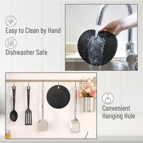 BTaT Silicone Trivet Mats, 2 Pack, Black, Round Silicone Hot Pads for Kitchen, Trivets for Hot Pots and Pans