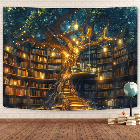 80"X60" GOAOK Fantasy Library Tapestry For Classroom, Mysterious Tree Magic Bookshelf Aesthetic Tapestries, Witchy
