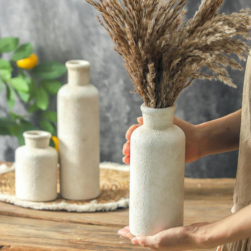 Set 3, Ceramic Vases of Whitewashed Neutral Flower Vases Home Decor, Pottery Rustic Farmhouse Decorative Vases Modern