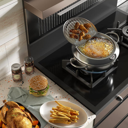 Kerilyn Deep Fryer Pot, 11 Inch/4.2L Japanese Style Tempura Frying Pot with Lid, 304 Stainless Steel