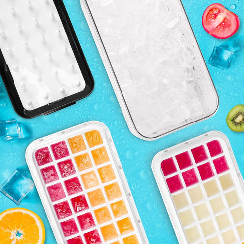 Ice Cube Trays with Lid & Bin, 64 pcs Ice Cubes, Easy Press Release, 2 Trays, 1 Ice Bucket & Scoop, Black