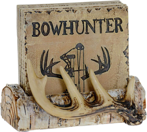 Pine Ridge Home Antler Wood Log Coaster Set with Holder - Absorbent Cabin Lodge Decor for Hunter Men