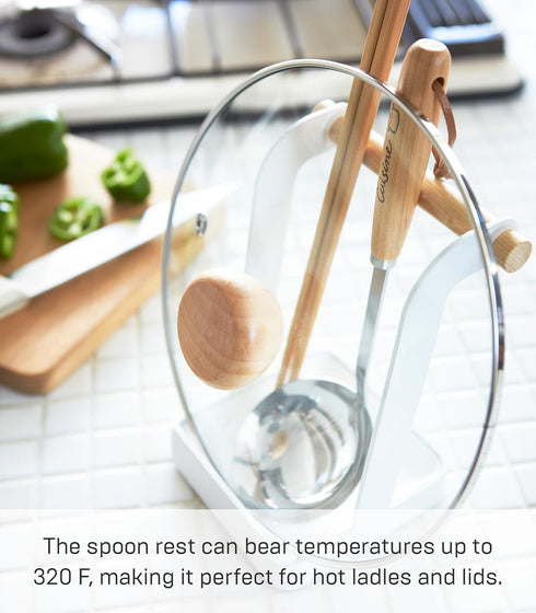Yamazaki Home Ladle & Lid Rest - Kitchen Utensil Organizer Stand for Cooking, Steel + Wood, White