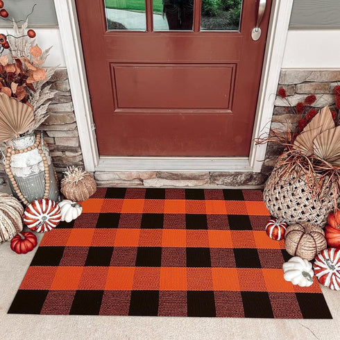 Fall Outdoor Rug, Orange Buffalo Plaid Cotton Hand-Woven Rug for Front Door/Porch/Farmhouse/Entryway (27.5'' x 43'')