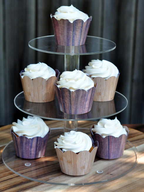 Woodgrain Cupcake Wrappers for Rustic Weddings, Set of 24 Reversible Woodsy Cup Cake Holder Wraps, Brown