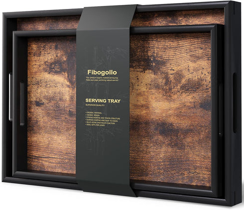 Fibogollo Set of 2 Wooden Serving Tray with Handles,Decorative Trays Platter,Breakfast Tray