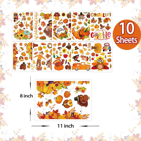 Thanksgiving Fall Window Clings Decorations, 10 Sheets Thanksgiving Window Stickers for Kids Home Office Classroom Party Glass Windows Double Sided Turkey Autumn Pumpkin Fall Leaves Window Decal