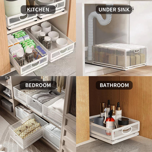 Sliding Cabinet Basket Organizer, Heavy Duty Carbon Steel Self Adhesive Slide Out Pantry Storage Basket